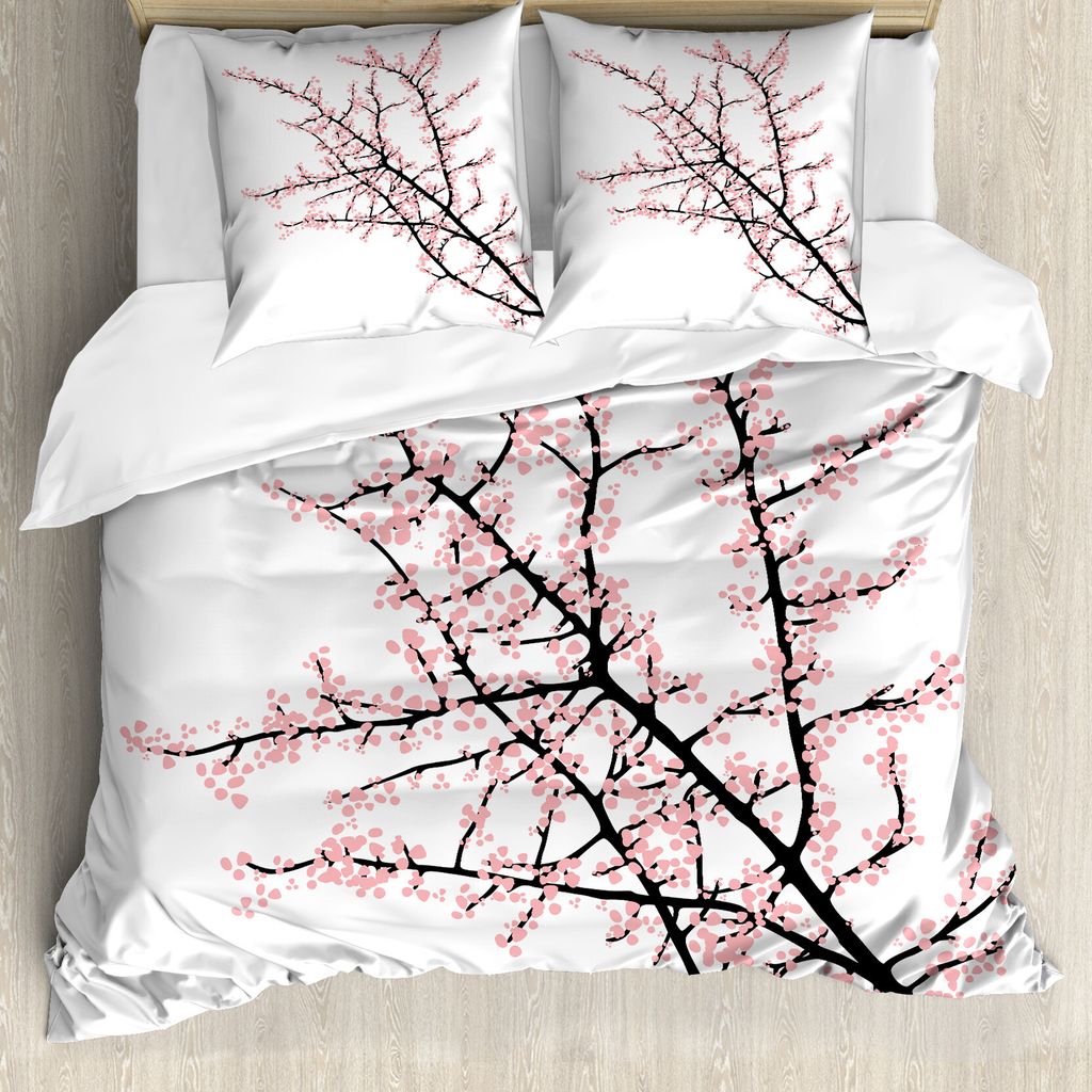 ABAKUHAUS Blumen Bettbezug, Cherry Branch Floral, Milbensicher Allergiker geeignet mit Kissenbezügen, 200 cm x 200 cm - 80 x 80 cm, Pink Schwarz