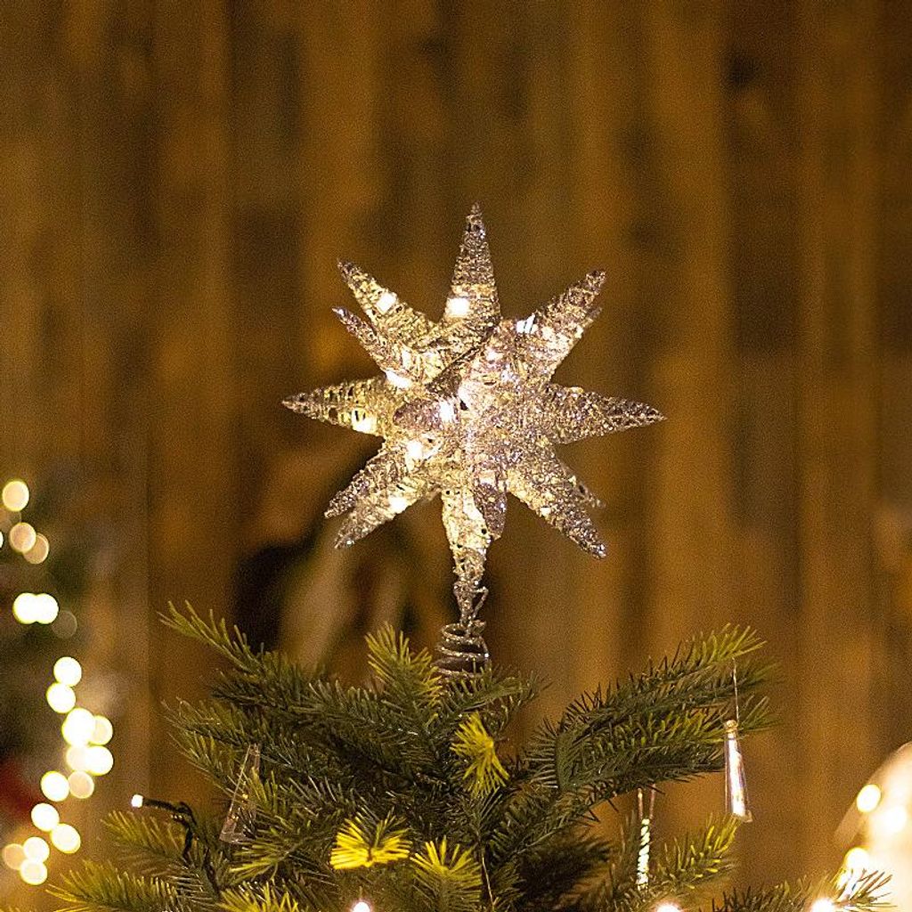 Weihnachtsbaumspitze 30 x 20 cm LED-Lichter-Weihnachtsstern mit glitzernden Pailletten und Spiralfuß für festliche Weihnachtsdekoration