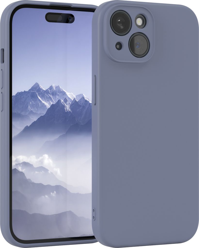 A blue TPU case for an Apple iPhone 15 is shown, with the phone's screen displaying a mountain landscape.