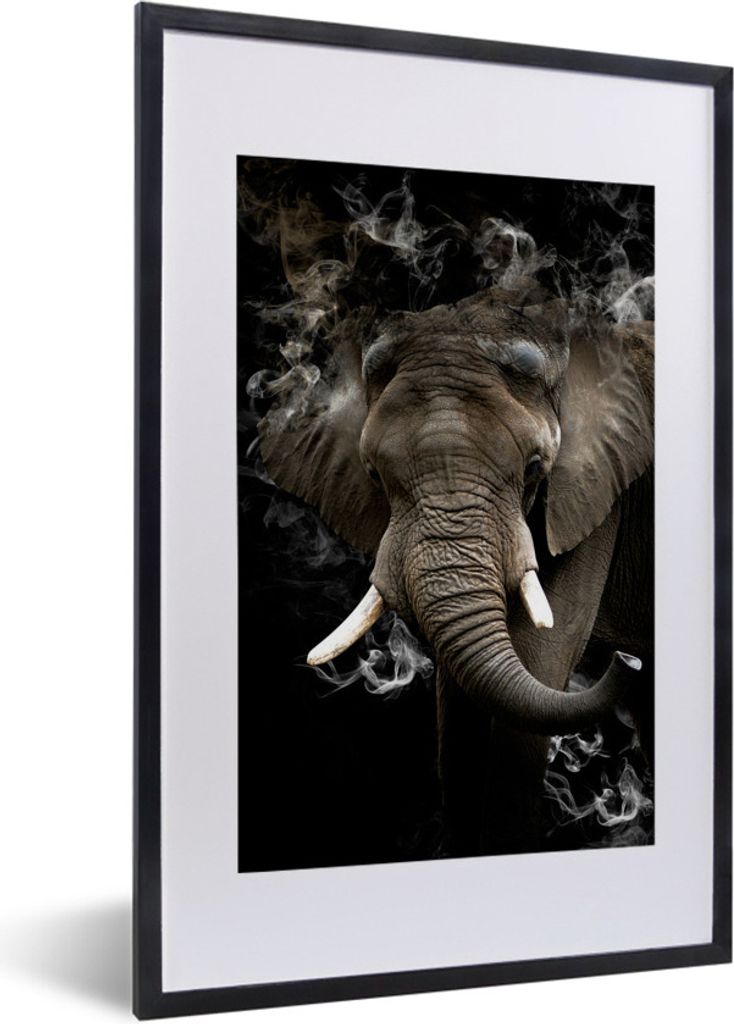 MuchoWow MuchoWow Gerahmtes Poster Elefant - Rauchen - Schwarz 40x60 cm - Poster mit zchwarzem Bilderrahmen - Poster in Rahmen