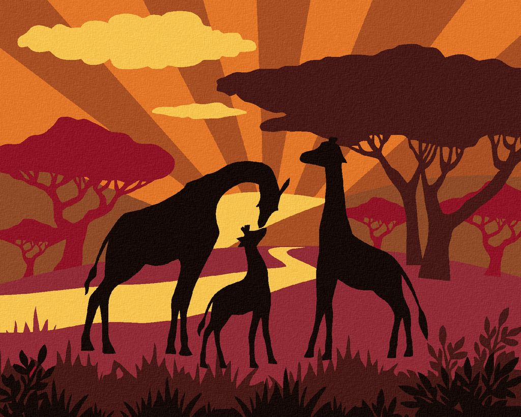 Zuty - Malen nach Zahlen - GIRAFFENFAMILIE BEI SONNENUNTERGANG, 40x50 cm, mit Keilrahmen (bereits gespannt)