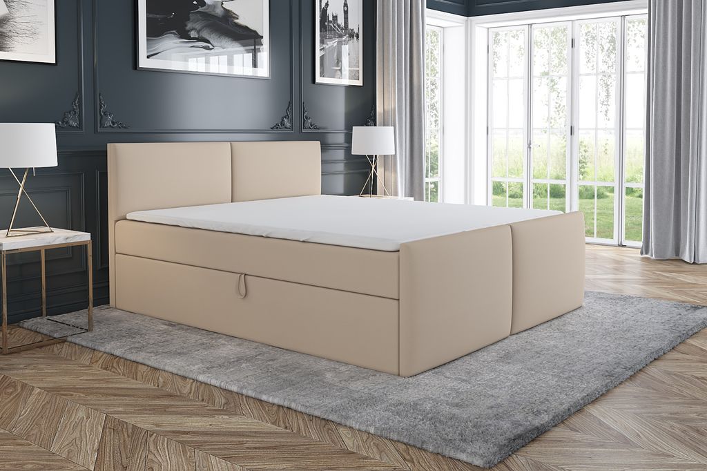 Boxspringbett BRAN 180x200 mit 2 Bettkästen, Bonell-Matratze und Topper. Farbe: Beige.
