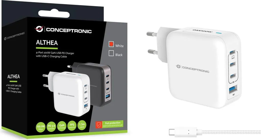 Caricabatterie da Viaggio Conceptronic 100W GaN Bianco | Tutto in Uno - 3