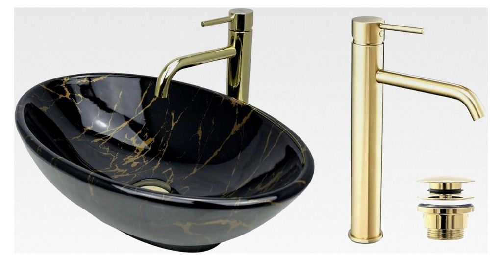 Aufsatzwaschbecken Set mit Waschtischbatterie und Stopfen - Ovales Waschbecken für das Badezimmer - Modernes Waschbecken ohne Hahnloch - Waschbeck...