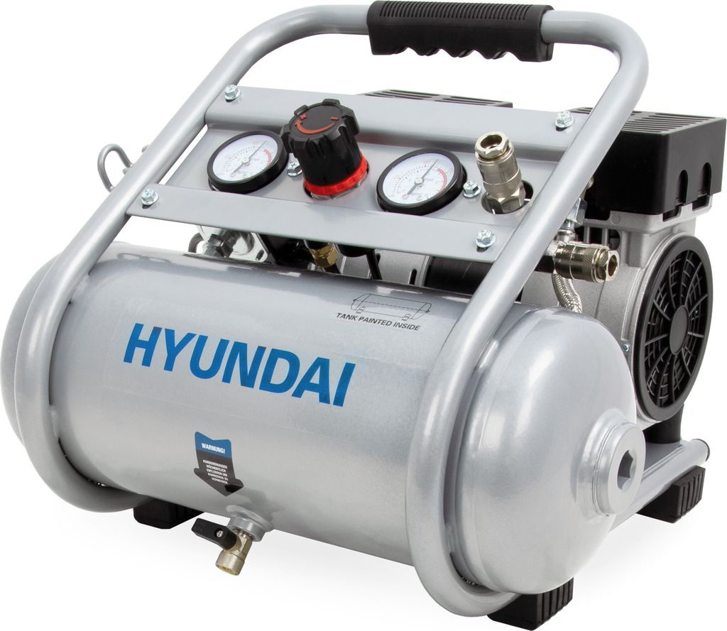 A silver Hyundai air compressor is shown against a white background.