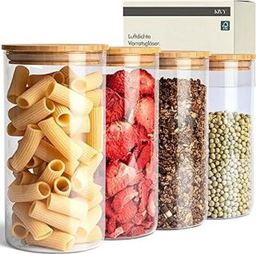Barattoli di vetro KIVY con coperchio ermetico [4x 1200 ml] - Barattoli di vetro con coperchio - Contenitori di vetro con coperchio - Conservazione dei cereali in cucina - Barattoli di vetro con coperchio in legno - Contenitori di vetro e bambù