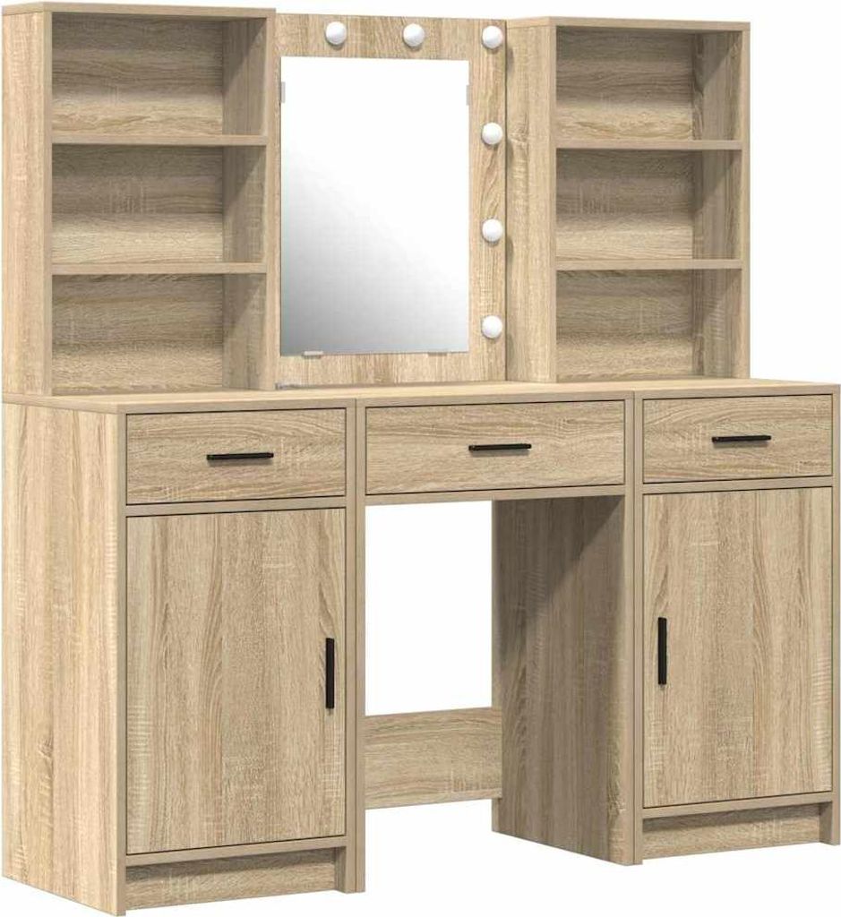 vidaXL Schminktischset mit LED 3 pcs Sonoma-Eiche Holzwerkstoff