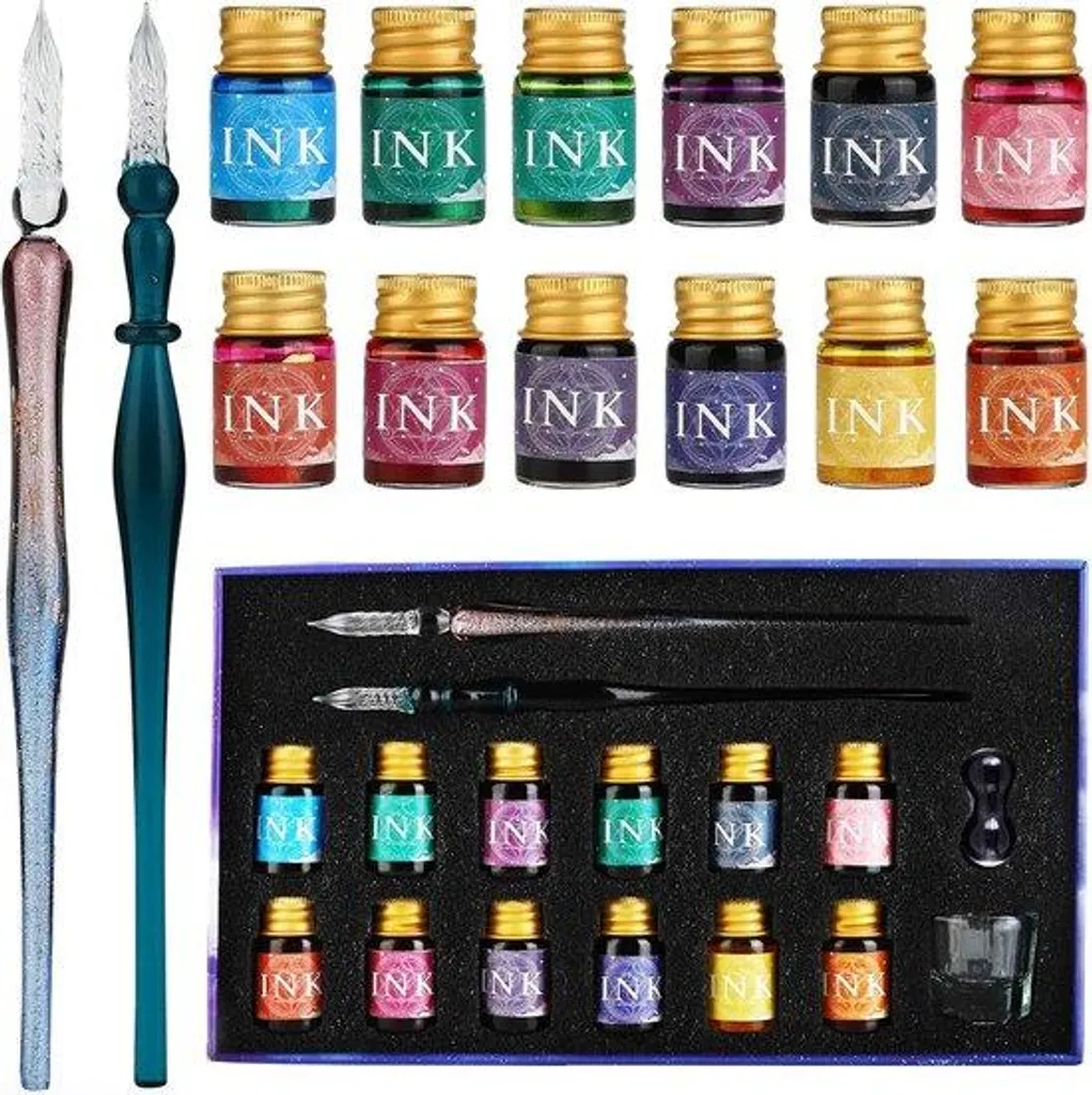 Set de 2 stylos plume en verre avec 12 encres colorées pour calligraphie