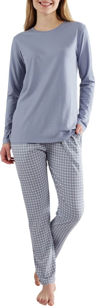 Götzburg Damen Schlafanzug Langarm - 100% Baumwolle, Pyjama-Set mit Karierter Pyjamahose Größe: 38