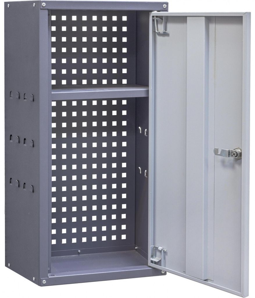 An open metal cabinet with shelves and a perforated back panel.