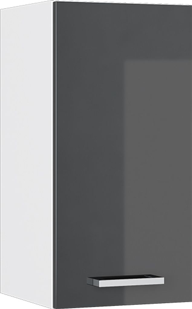 A single wall cabinet with a gray high-gloss front and a white side.