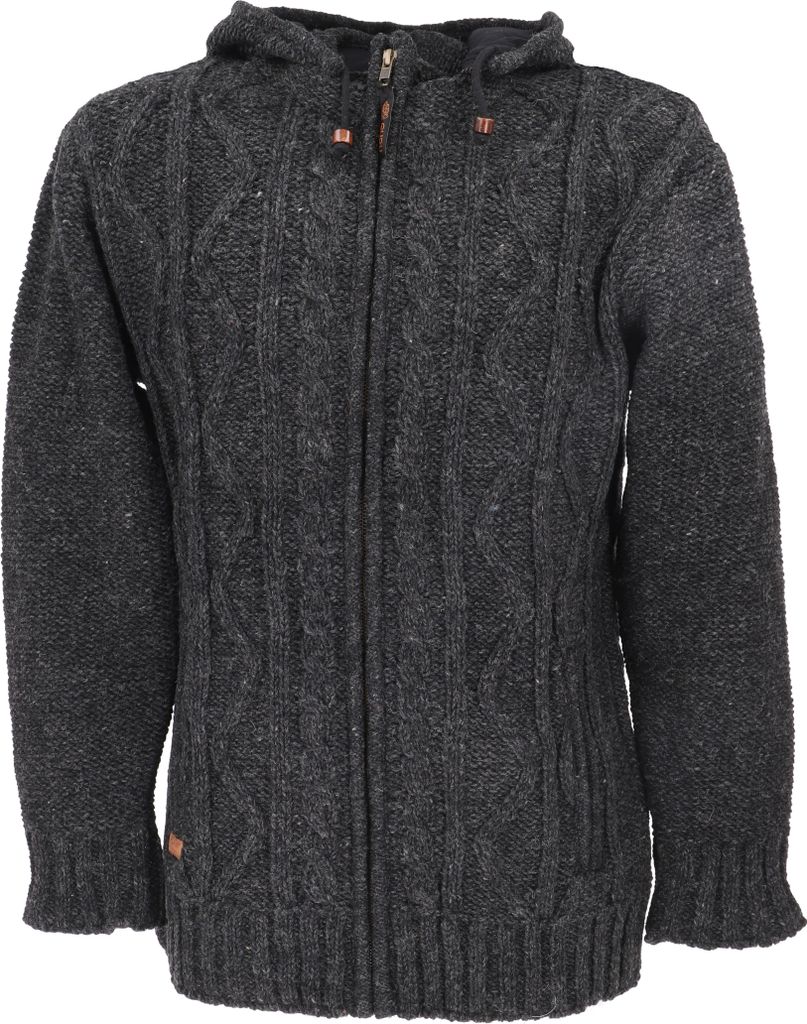 Strickjacke, Uni Wolljacke, Nepaljacke mit Zopfmuster, Natürlichem Baumwollfutter - Dunkelgrau, Herren, Wolle, Größe: L