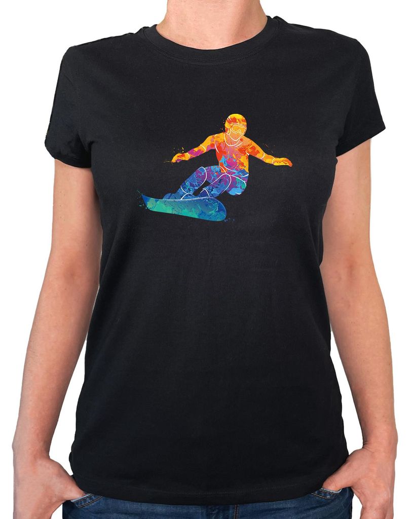 Huuraa Damen T-Shirt Snowboarden bunte Silhouette M Black Bio Baumwolle Fairtrade Damenshirt Geschenkidee