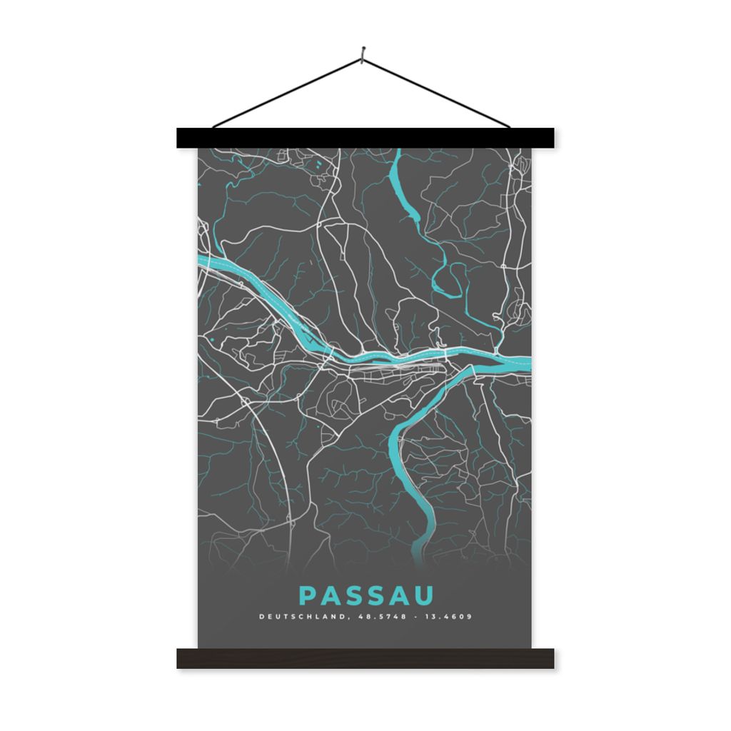 MuchoWow Textilposter Stadtplan - Passau - Deutschland - Karte 120x180 cm mit schwarzem Rahmen - Fotos