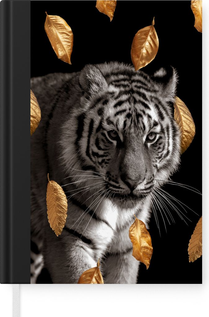 MuchoWow Notizbuch Tagebuch Haushaltsbuch Notebook A5 Tiger - Golden - Blätter - Notizblock - Notizheft - Notebook - Schreibblock - Papier