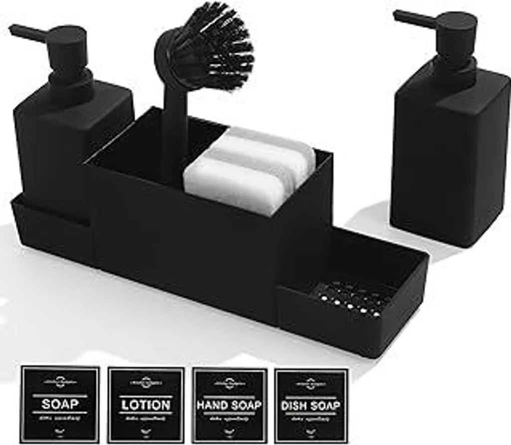 Set da cucina con dispenser per detersivo e sapone con portaspugna e spazzola, dispenser per detersivo da cucina nero, set dispenser per sapone e detersivo Gadget da cucina Organizer per lavello con dispenser per sapone (nero, 4 in 1)