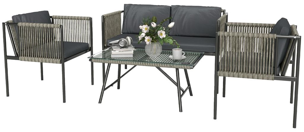 4-teiliges Gartenm?bel-Set. 1 Sofa. 2 Sessel. 1 Tisch mit Glasplatte. Kissen. Stahlrahmen. Kunststoff-Rattan. Grau