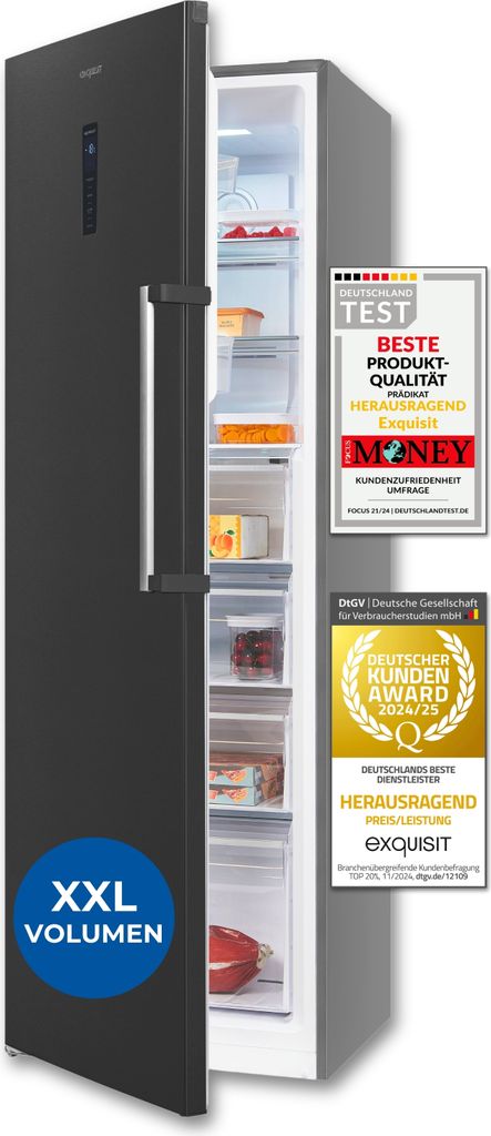 A black refrigerator with its door open, displaying its interior and several marketing badges on the right side.