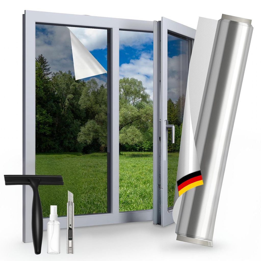 Fensterfolie Hitzeschutz Sonnenschutz UV Schutz Sichtschutz Spiegelfolie Thermofolie Selbstklebend Silber 90x400cm Außen & Innen
