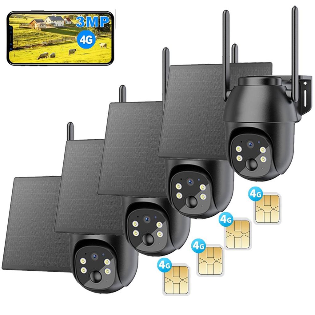 4 Stück 4G LTE Überwachungskamera Aussen Akku mit SIM Karte 2K Kabellos Solar PTZ IP Kamera Outdoor Ohne WLAN IR/Farb-Nachtsicht PIR Erkennung