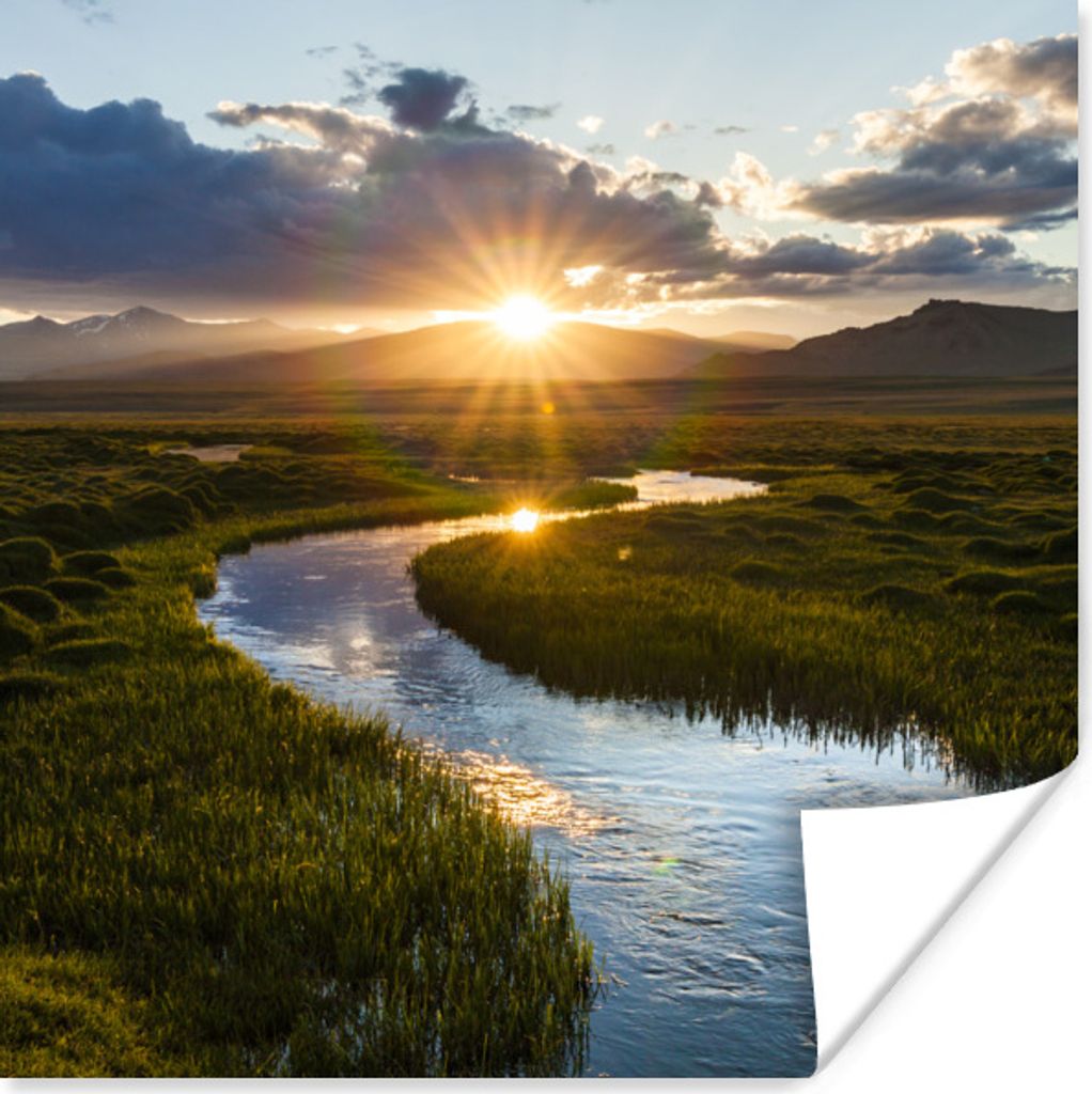 MuchoWow Poster Sonnenuntergang über einem ruhigen Fluss 75x75 cm - Wand Dekoration