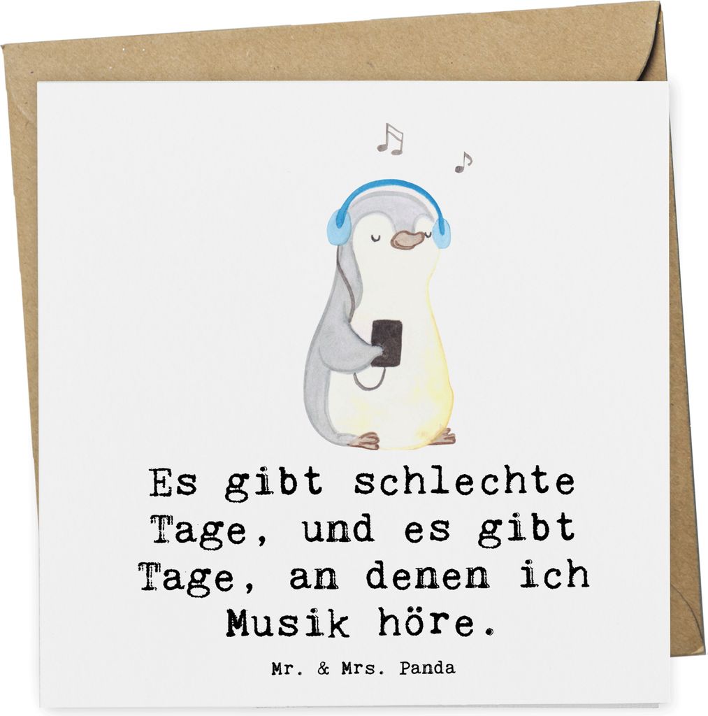 Mr. & Mrs. Panda Grußkarte Pinguin Musik hören - Weiß - Geschenk, doppelkarte, anlasskarte, Lieblingssong, Glückwunschkarte, faltkarte, Klappkarte