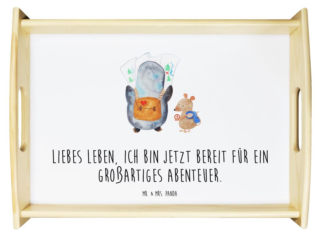 Mr. & Mrs. Panda Serviertablett Pinguin & Maus Wanderer - Weiß - Geschenk, Servier Tablett, Wandern, Bett-Tablett, Holztablett, Roadtrip, Abenteue...