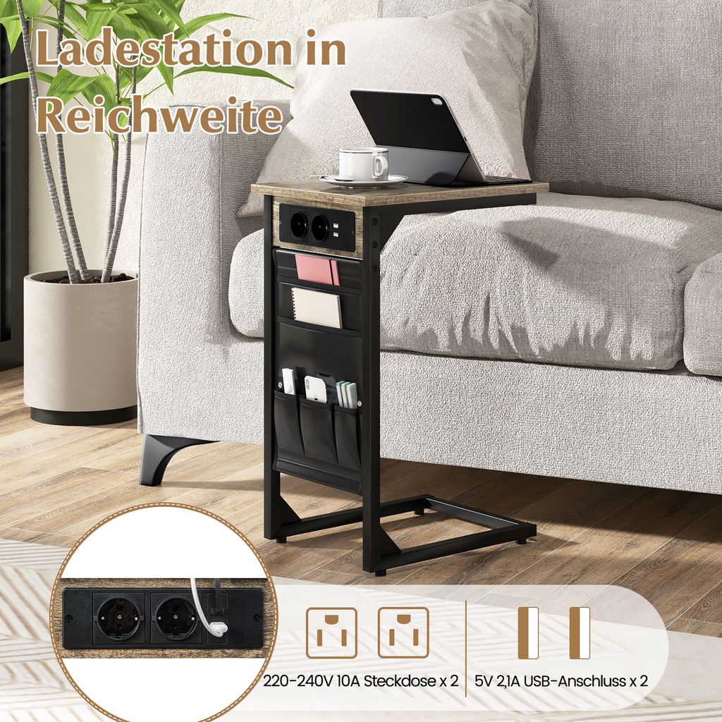 Tavolino con Multipresa, Comodino con 2 Prese AC e 2 Porte USB, 30 x 34 x 58 cm, per Soggiorno, Camera da Letto, Nero | Leroy Merlin