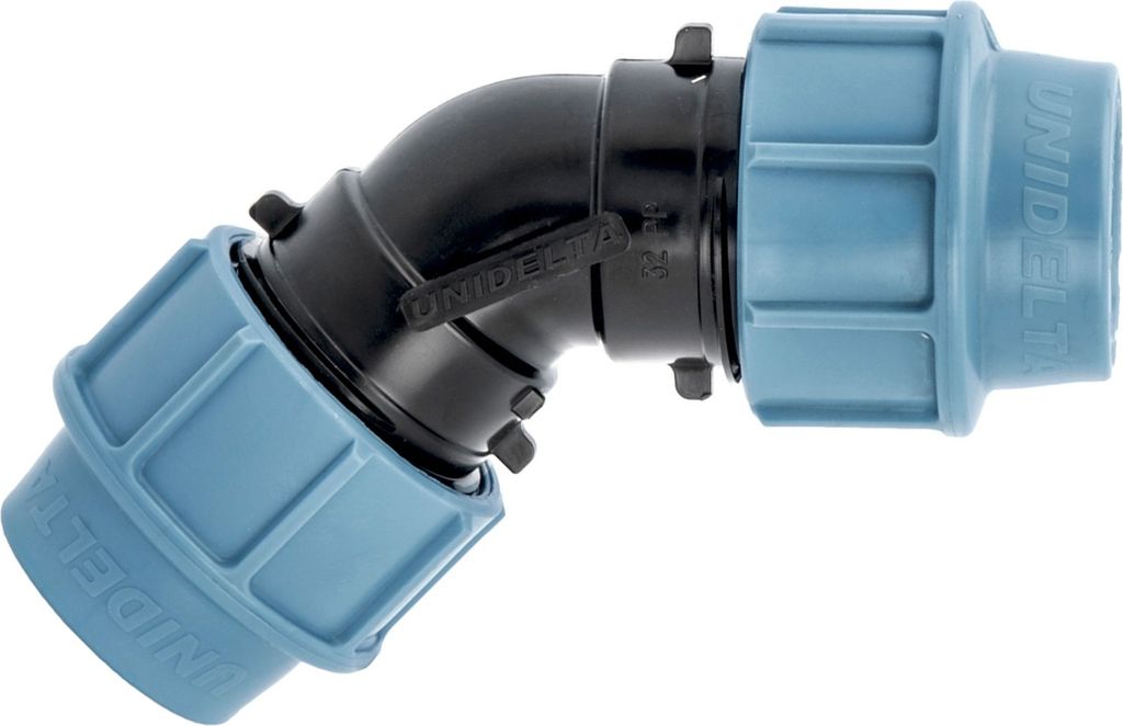 Unidelta PP Winkel 45° 63mm mit Klemmverschraubung für PE Produktbild 