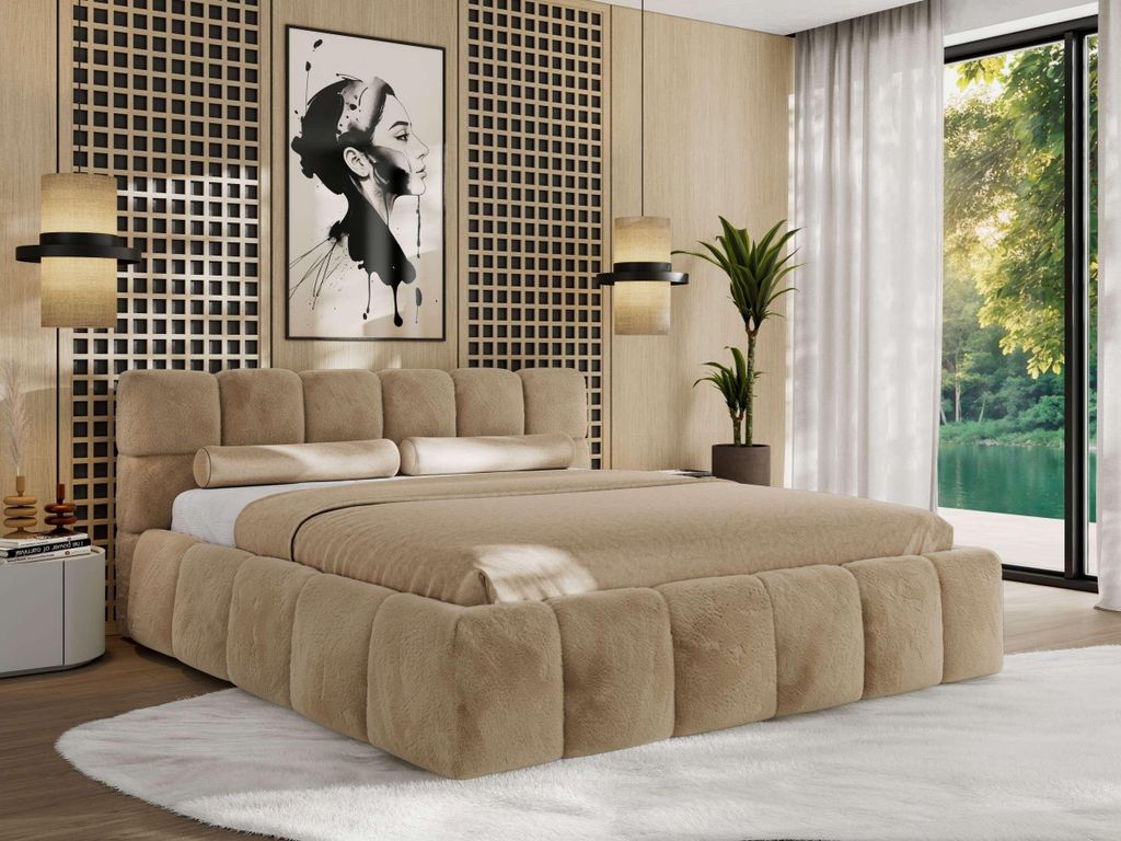 MKS MEBLE Polsterbett NIRA CLASSIC mit Bettkasten & Lattenrost gepolstertem Kopfteil Stauraumbett Gasdruck Foam Matratze MIRO LUX 200x200 Beige Pl...