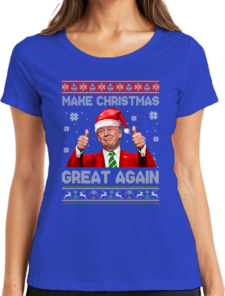 Make Christmas Great Again Santa Claus Daumen hoch lustig Damen T-Shirt, Blau, XXL