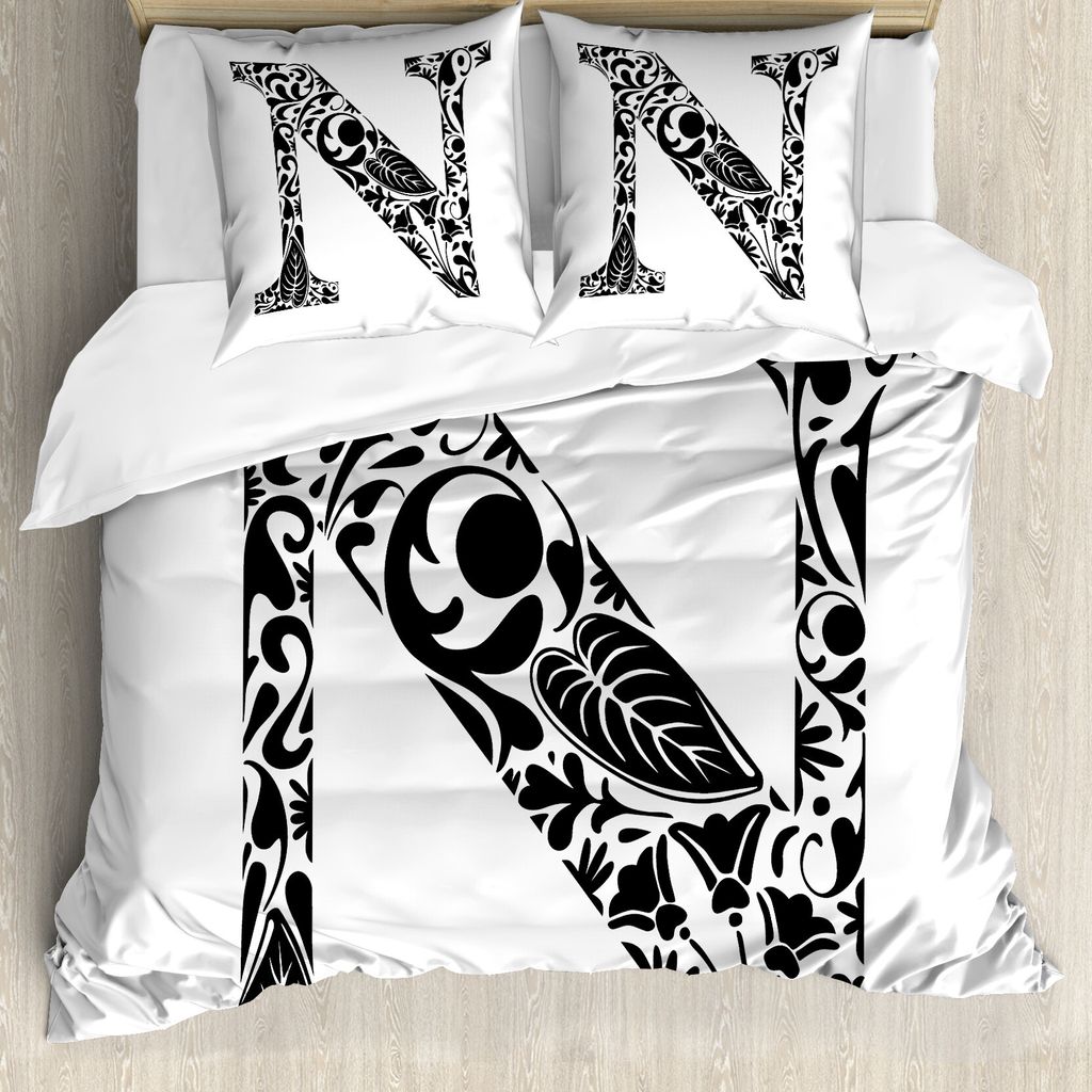 ABAKUHAUS Buchstabe N Bettbezug, Blumengesteck N, Milbensicher Allergiker geeignet mit Kissenbezügen, 155 cm x 220 cm - 80 x 80 cm, Schwarz-Weiss