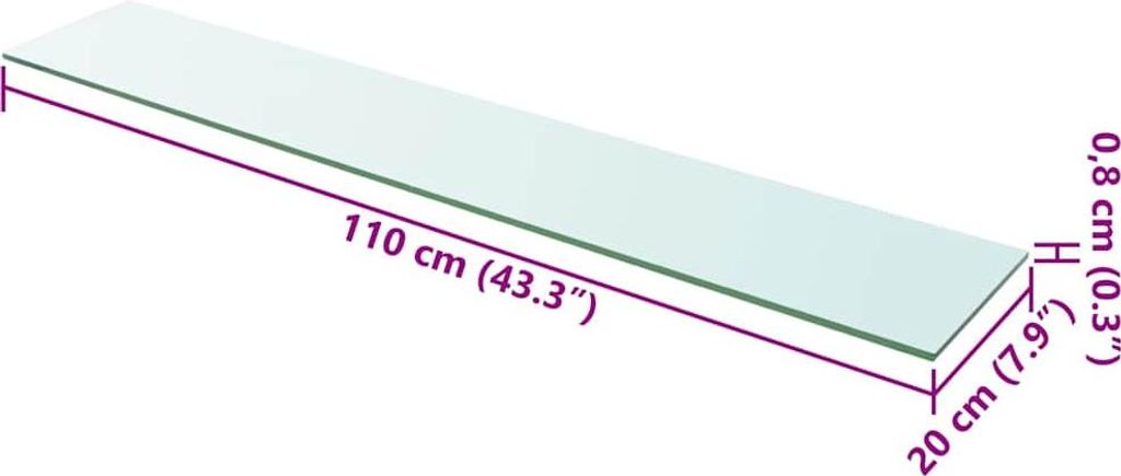 A transparent glass shelf with dimensions indicated by purple lines and text.