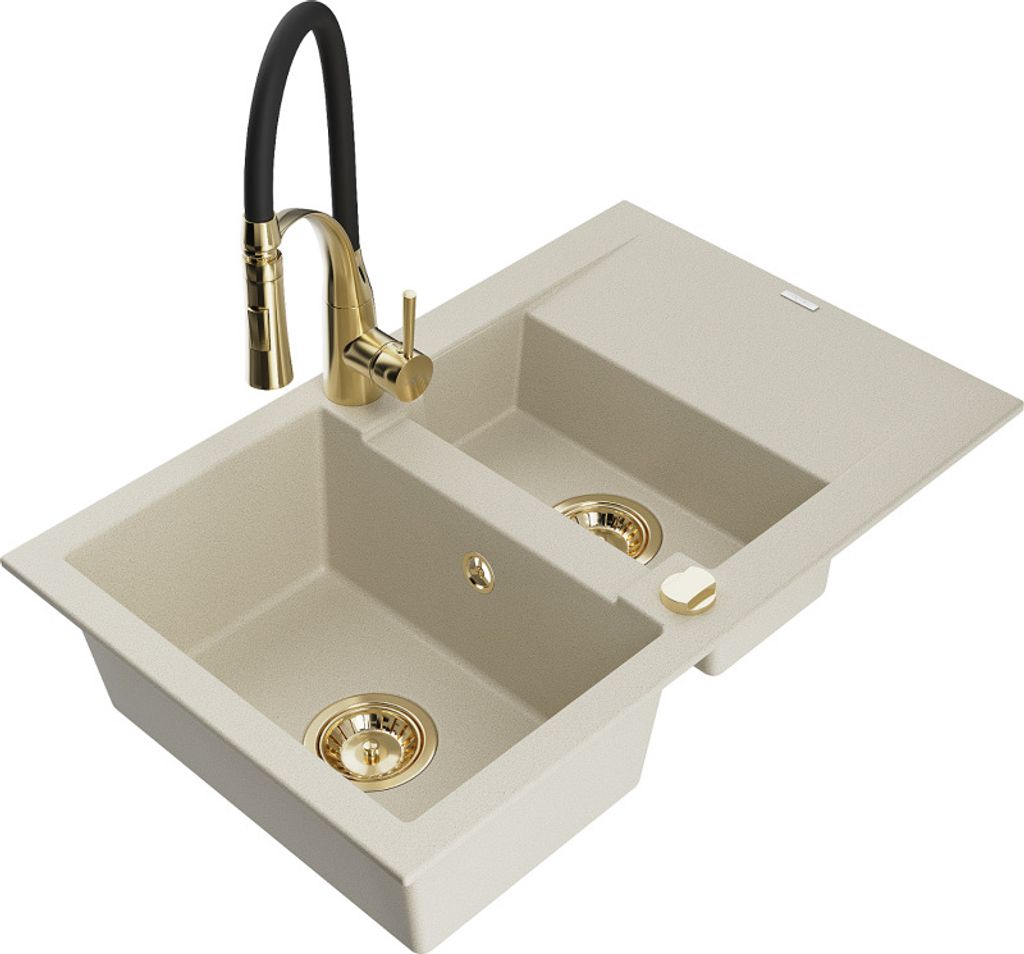 Mexen Gaspar 1,5-Becken-Granitspüle mit Abtropffläche und Mischbatterie Aster, Beige - 6507-69-73450-57-G