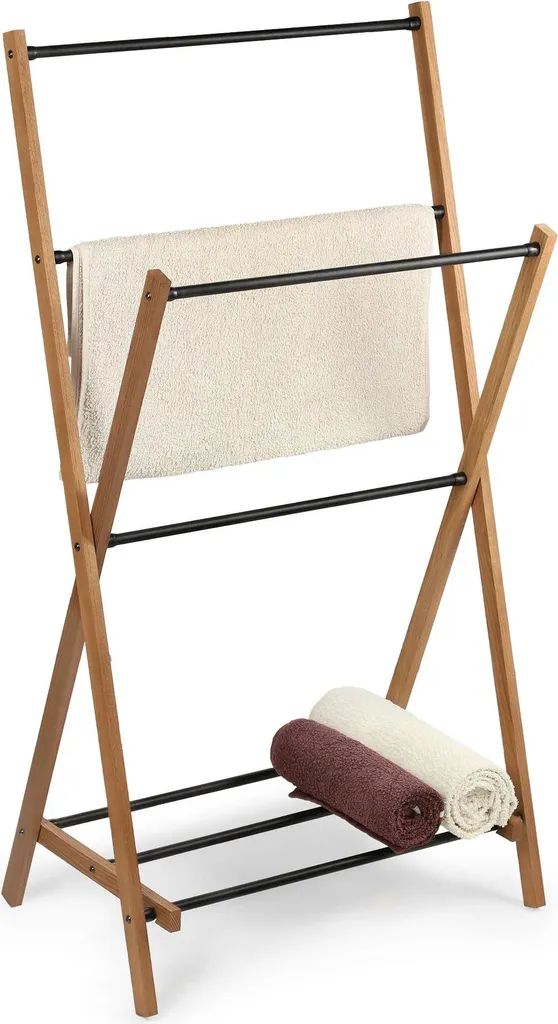 Porte-serviettes sur pied industriel noir avec socle en bois naturel