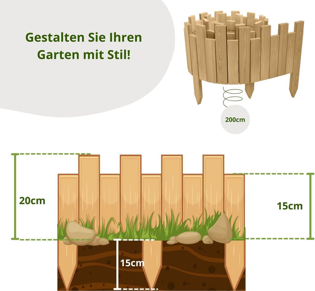 Floranica Beeteinfassung Rasenkante Holz Rollzaun Holzzaun 200 x 20 cm Natur imprägniert Flexible Rollborder Palisade Gartenzaun