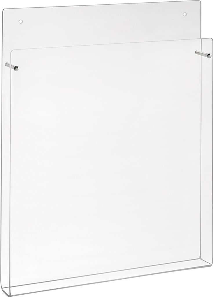 DIN A4 Wandprospekthalter mit kleiner Fülltiefe im Hochformat aus Acrylglas / Wandmontage / Bohrlöcher / Acryl