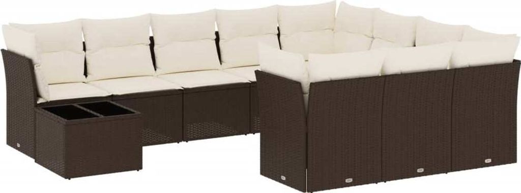 11-tlg. Garten-Sofagarnitur mit Kissen Braun Poly Rattan