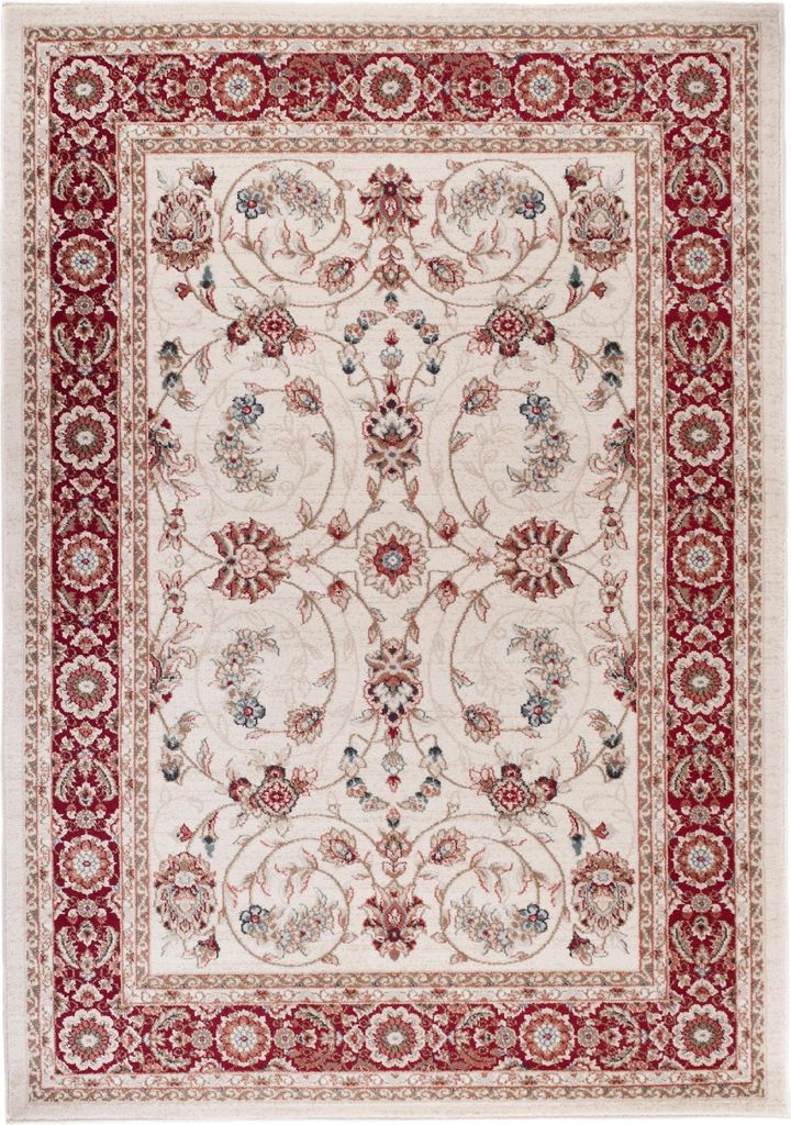 A top-down view of a rectangular rug with a traditional floral pattern.