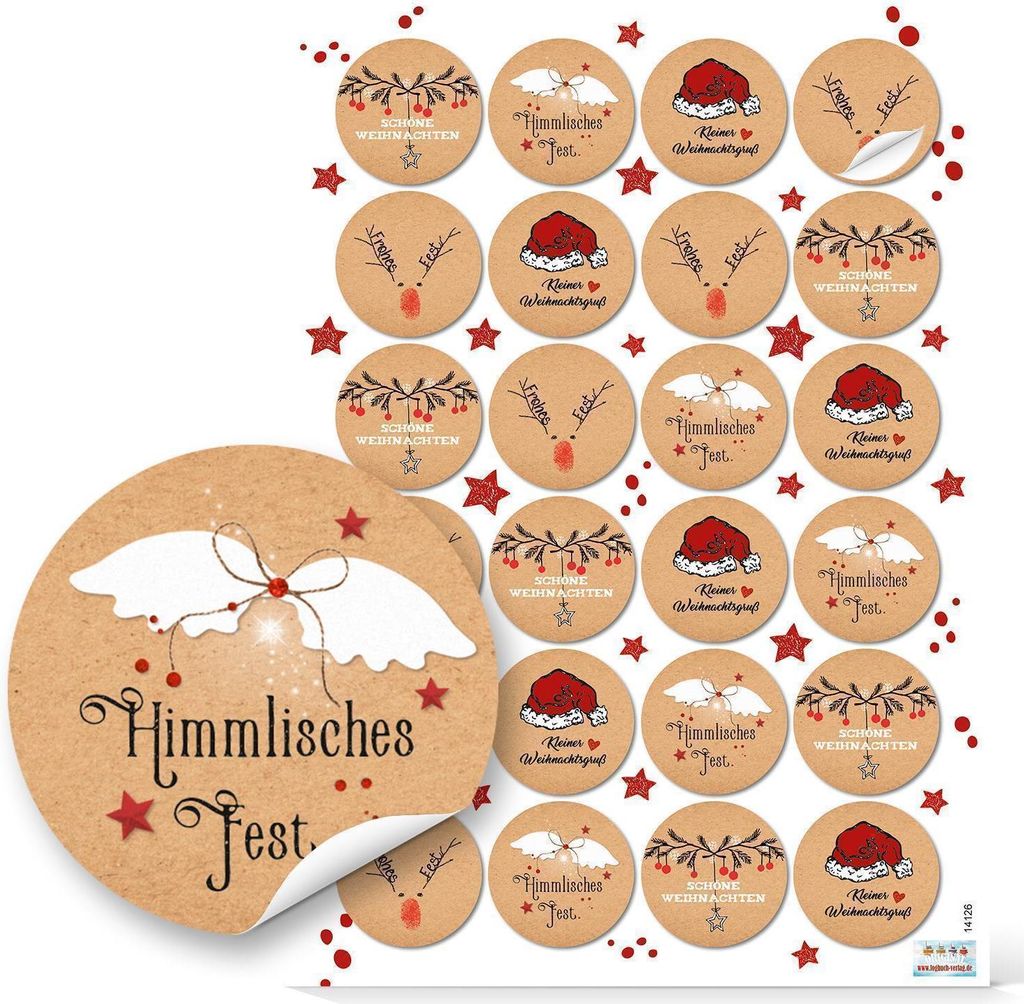 Weihnachtsaufkleber rund 4 cm in Kraftpapier-Optik braun rot weiß mit Text96 Aufkleber / 4 Bögen
