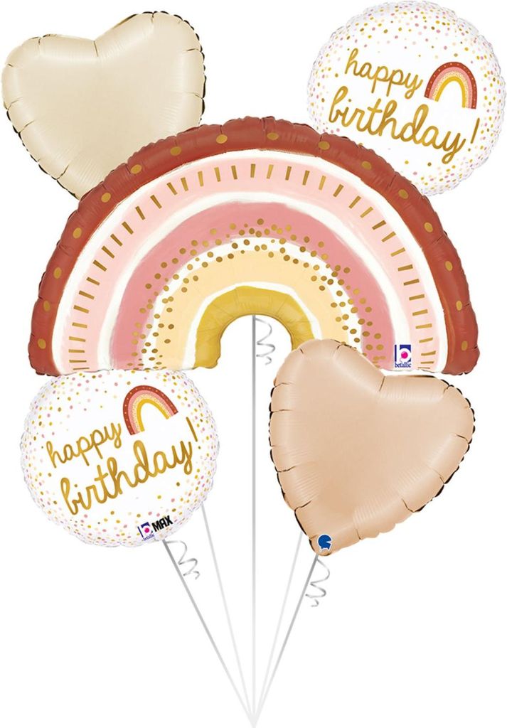 Folieballonnen: Boeket verjaardag boho rainbow happy birthday - 5 stuks
