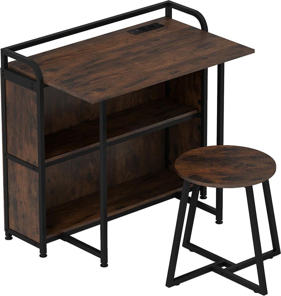 A foldable desk with a stool and shelves, shown against a white background.