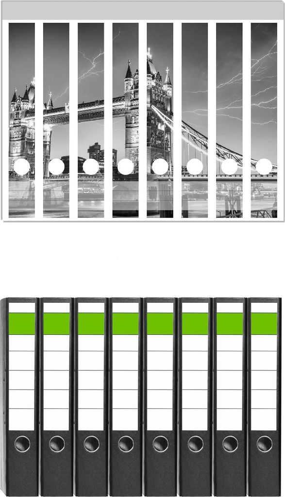 Wallario 8 Stück schmale Ordner inkl. Klebeetiketten mit Motive Tower Bridge bei Gewitter in schwarz-weiß - Set mit Rückenschildern / Ordnerrüc...