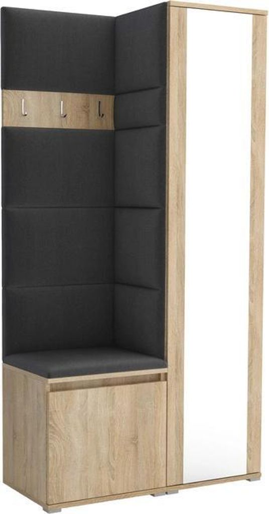 Garderoben-Set Noris VI mit Spiegel, gepolsterte Garderobe 95 cm, kompakte Flurmöbel mit Wandpaneelen, Haken und Stauraum (Farbe: Sonoma Eiche + T...