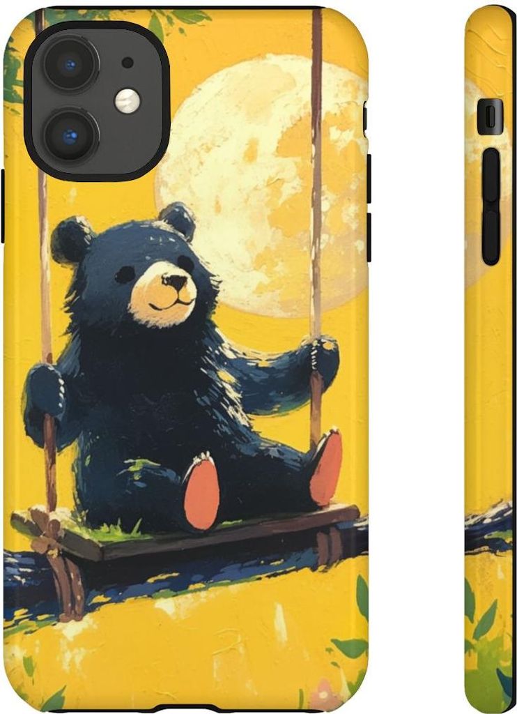 Schwarzer Bär auf Baumschaukel im Mondschein – Hülle Kompatibel mit iPhone 11