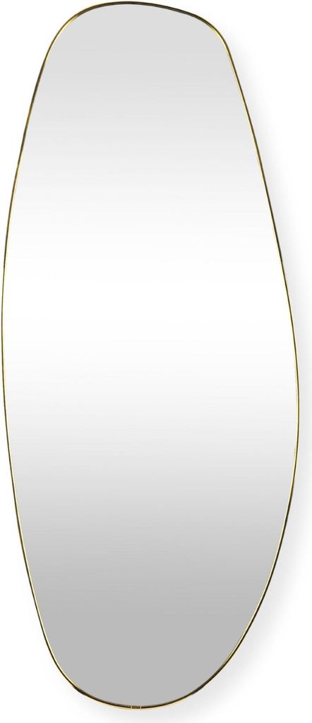 A full-length shot of an organically shaped mirror with a gold frame against a white background.