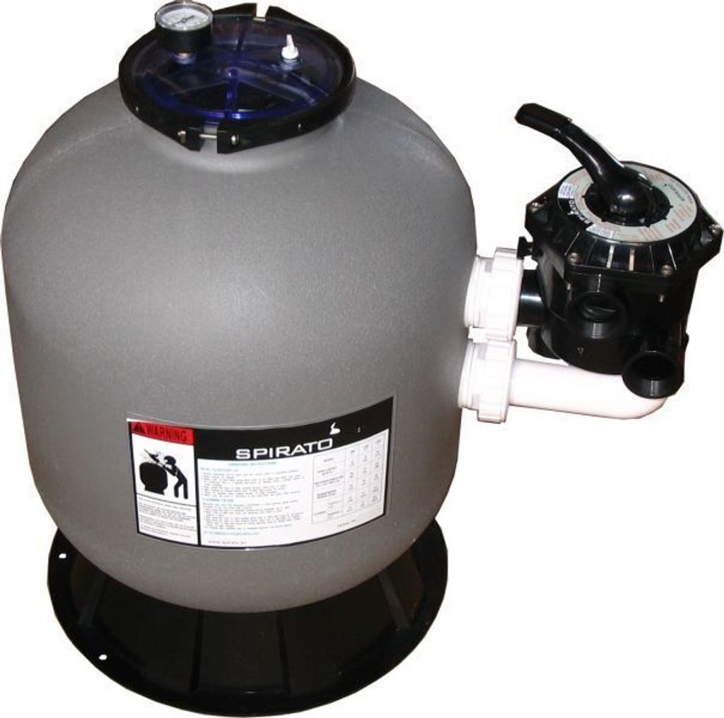 A gray sand filter for a swimming pool with a black multi-port valve and a pressure gauge on top.