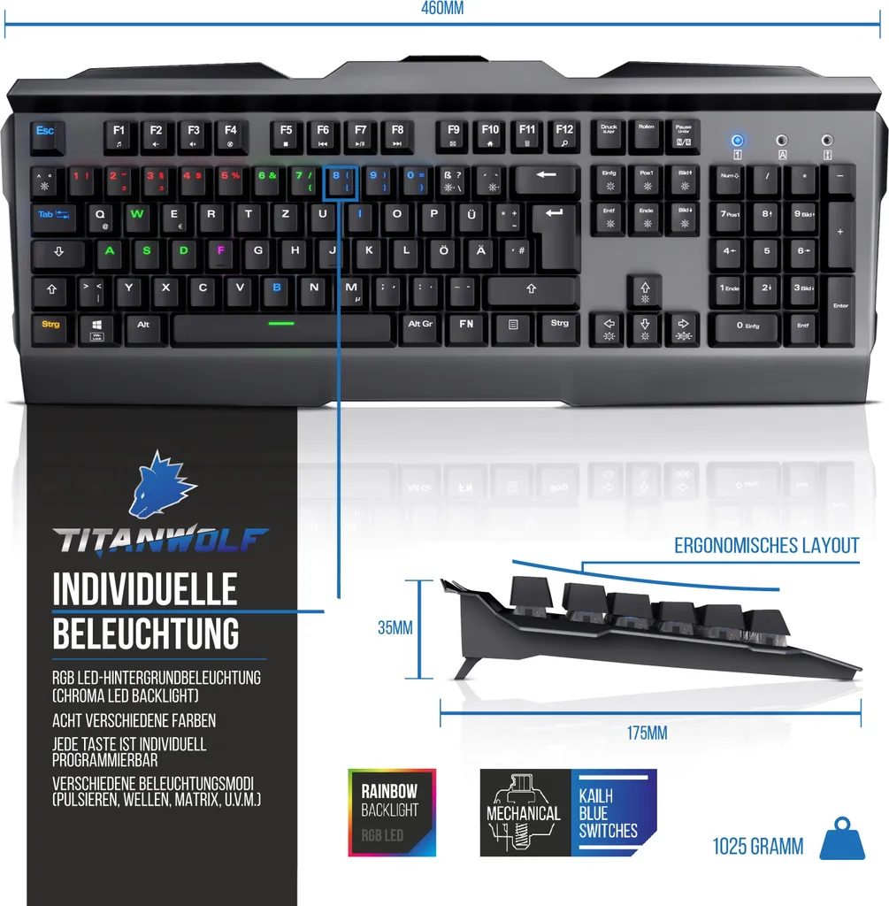 Clavier mécanique RGB Titanwolf Invader en aluminium brossé robuste