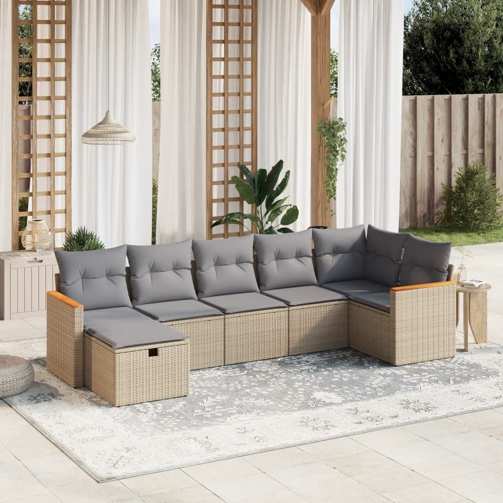 Design 7-tlg. Garten-Sofagarnitur mit Kissen Beige Poly Rattan, Gartenmöbel-Sets 2024 Neu