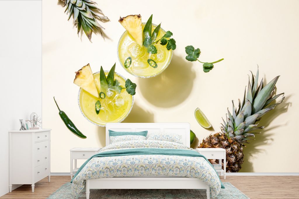 MuchoWow Fototapete für Wohnzimmer oder Schlafzimmer Wandtapete Vinyl Motivtapete Getränk - Ananas - Sommer - 600x400 cm - Vinyltapeten